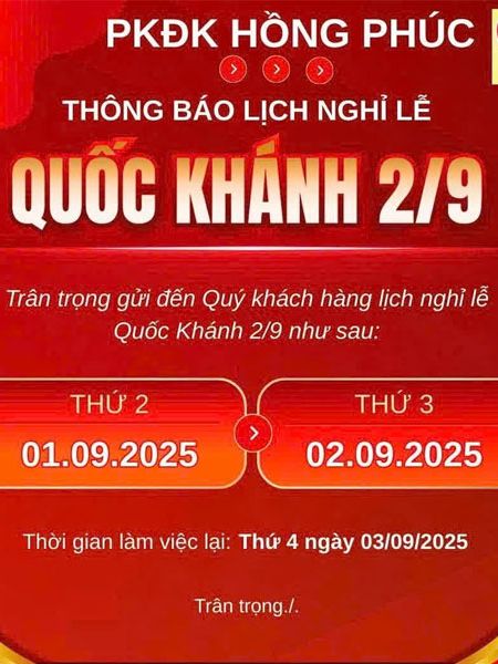THÔNG BÁO LỊCH NGHỈ LỄ QUỐC KHÁNH 02/09/2025